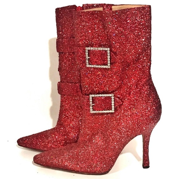 Manolo Blahnik Red Glitter Boots - Picture 2 of 8